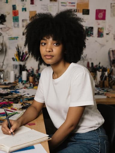 자연스러운 외모의 10대 후반 흑인 여성이 편안한 티셔츠와 청바지, 스니커즈를 착용하고 반신 샷으로 촬영되었습니다. 그녀는 피곤한 표정으로 노트에 메모를 작성하며 집중하고 있으며, 창작실의 책상 위에는 다양한 디자인 도구들이 흩어져 있어 집중과 창의성의 분위기를 반영하고 있습니다.