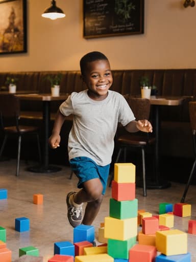 밝고 순수한 외모를 가진 7세 아프리카계 남자아이가 아늑한 카페에서 다양한 색상의 블록을 향해 달려가고 있는 전신 사진입니다. 편안한 티셔츠와 반바지를 입고 즐거운 미소를 지으며, 생동감 넘치는 환경 속에서 놀이와 창의성을 표현하고 있습니다.
