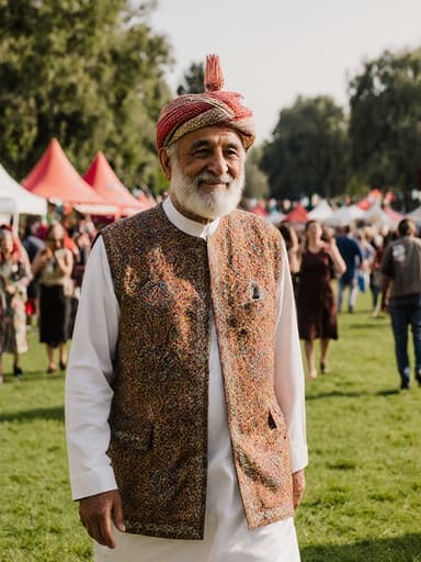 전통적인 의상을 입은 80대 중동계 남성이 축제 분위기를 즐기며 공원에서 행복하게 웃으며 걷고 있는 모습의 전신 사진, 푸른 잔디 위에서 다른 축제 참가자들과 함께하는 장면.