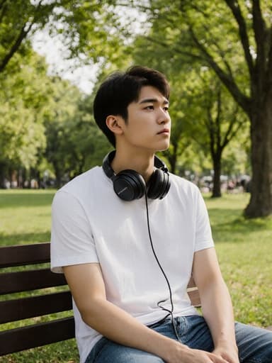 초반 10대의 혼혈 남성이 공원 벤치에 앉아 편안한 티셔츠와 청바지를 입고 있습니다. 그는 헤드폰을 목에 걸치고 있으며, 음악이 시작되기를 기다리는 듯 긴장한 표정을 짓고 있습니다. 배경은 푸른 나무와 잔디로 구성되어 있어 아늑하고 초대하는 분위기를 자아냅니다.