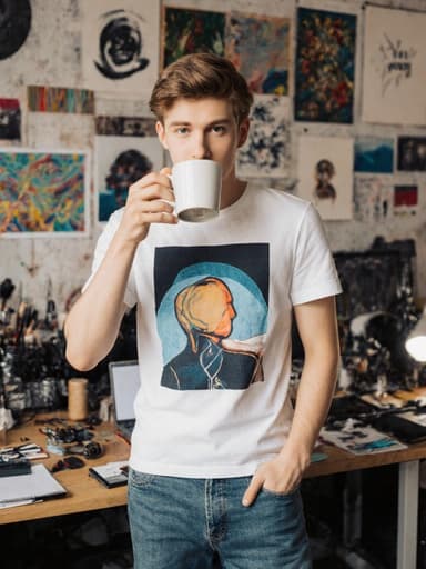 10대 초반의 백인 남성이 세련된 티셔츠와 청바지를 입고, 창작 도구와 영감을 주는 작품이 가득한 창작실에서 여유롭게 커피를 마시고 있는 모습으로, 여유롭고 세련된 분위기를 연출합니다.