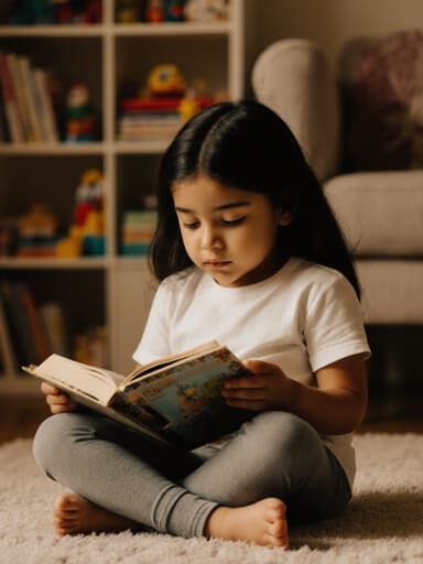 자연스러운 외모를 가진 7세 라틴계 소녀가 아늑한 거실 바닥에 크로스 레그 자세로 앉아 졸린 표정을 지으며 다채로운 그림책을 들여다보고 있는 모습의 반신 샷입니다. 편안한 티셔츠와 레깅스를 착용한 그녀는 느긋한 태도를 강조합니다. 배경은 여러 장난감과 책으로 가득 찬 따뜻하고 초대하는 공간으로, 그녀의 졸린 표정을 잘 보완하는 장난스럽고 평화로운 분위기를 만들어냅니다.