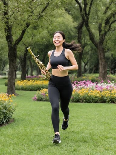 30대 동양인 여성이 편안한 운동복과 운동화를 입고, 악기를 들고 푸르른 공원을 달리며 자연스러운 미소를 지으며 즐거워하는 모습의 반신 사진. 나무와 꽃들이 조화를 이루며 생동감 넘치는 분위기를 더합니다.