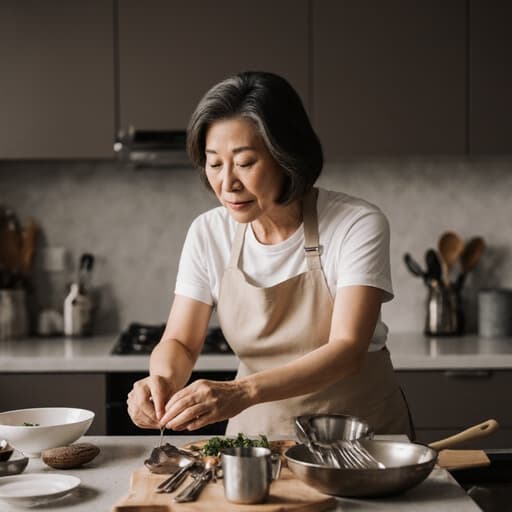 50대의 매력적이고 자신감 넘치는 동양인 여성이 깔끔한 주방용 앞치마와 편안한 티셔츠를 입고 주방 도구를 정리하며 스트레칭하는 모습을 담은 반신 촬영, 아름답게 정리된 주방의 따뜻하고 초대하는 분위기를 연출합니다.