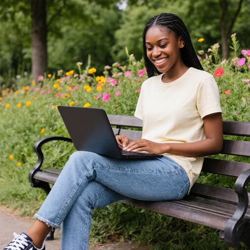 10대 초반의 아프리카계 소녀가 나무와 꽃으로 둘러싸인 공원 벤치에 앉아 있습니다. 편안한 티셔츠와 청바지를 입고 트렌디한 스니커즈를 신은 그녀는 노트북에 글을 쓰며 따뜻한 미소를 짓고 있습니다. 자연광이 그녀의 외모를 돋보이게 하여 매력적이고 기쁜 분위기를 만들어냅니다.
