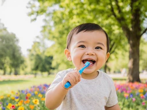 이 이미지는 편안한 티셔츠와 바지를 입은 1세 혼혈 남자 아기가 칫솔을 쥐고 이를 닦으며 귀여운 미소를 짓고 있는 반신 촬영입니다. 배경은 나무와 꽃이 가득한 밝고 푸른 공원으로, 즐거운 분위기를 만들어냅니다.