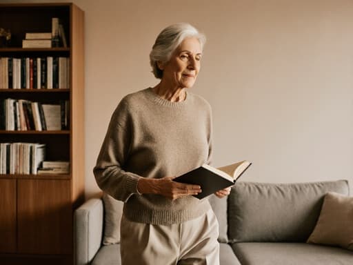 60대 중동계 여성의 차분한 반신 사진. 편안한 니트와 슬랙스를 입고 작은 책을 들고 여유롭게 걷고 있다. 그녀의 차분한 표정은 소파와 책장이 있는 따뜻한 거실의 아늑한 분위기를 더해준다.