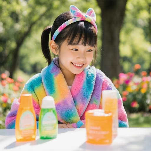 밝은 색의 목욕 가운과 귀여운 헤어밴드를 착용한 7세의 동양인 소녀가 목욕 용품을 바라보며 신나게 웃고 있는 모습이 공원에서 나무와 꽃들로 둘러싸인 화창한 배경 속에 담겨 있습니다.