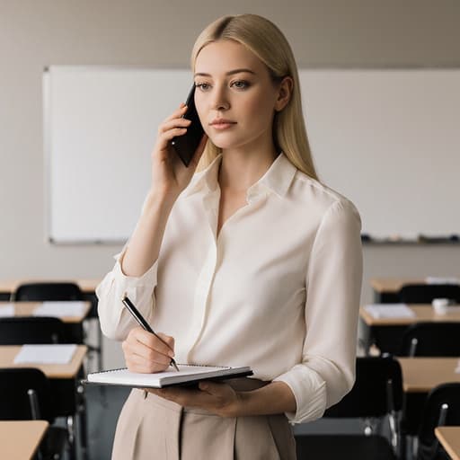 세련된 블라우스와 바지를 입은 20대 백인 여성의 반신 촬영으로, 전화로 메모를 확인하며 자신감과 전문성을 발산하는 모습이 정돈된 강의실에서 포착되었습니다.