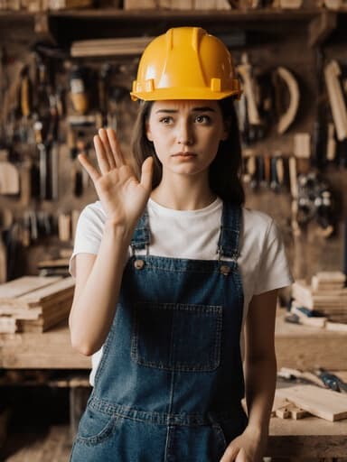 20대 유럽계 여성이 작업복과 안전모를 착용하고 있는 반신 샷입니다. 그녀는 걱정스러운 표정을 지으며 손을 흔들며 인사하고 있습니다. 배경은 목재와 도구들이 놓인 목공 작업실로, 장인정신이 느껴지는 진정한 분위기를 만들어냅니다.