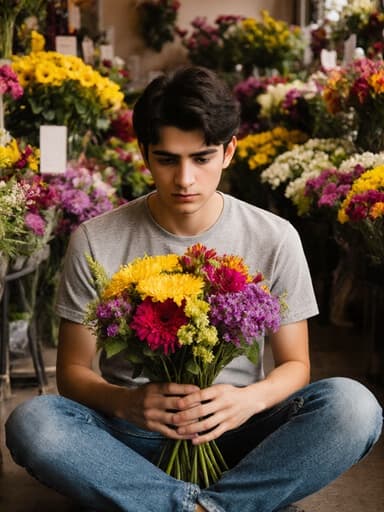 10대 후반의 중동계 남성이 자연스러운 외모로 티셔츠와 청바지를 입고 있는 반신 사진입니다. 그는 꽃다발을 한 손에 들고 무관심한 표정으로 꽃을 바라보며 다리를 교차하고 앉아 있습니다. 배경은 아름다운 꽃들로 장식된 플로리스트 가게의 내부로, 생동감 있는 꽃들이 분위기를 더욱 돋보이게 합니다. 전체적인 구성은 캐주얼한 우아함과 평온한 순간을 포착하며, 모델의 무관심과 주변 꽃들의 아름다움이 대조를 이룹니다.