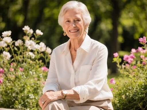 60대 백인 여성이 편안한 블라우스와 슬랙스를 입고, 꽃이 만발한 공원에서 크로스 레그로 앉아 있는 반신 사진입니다. 그녀는 따뜻한 미소와 여유로운 표정을 짓고 있으며, 무릎 위에 손을 가볍게 올려놓고 있습니다. 화창한 야외 환경이 주변에 펼쳐져 있습니다.