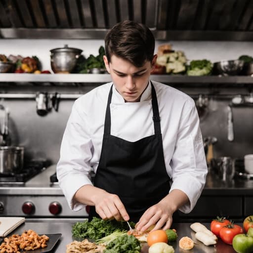 한 젊은 백인 남자 아이가 흰색 셰프 복장과 앞치마를 입고, 깔끔한 주방 식탁 위에서 재료를 살펴보며 걱정스러운 표정을 짓고 있는 모습이 담긴 이미지입니다. 이 장면은 전문적인 요리 환경에서 유망한 셰프의 본질을 포착합니다.