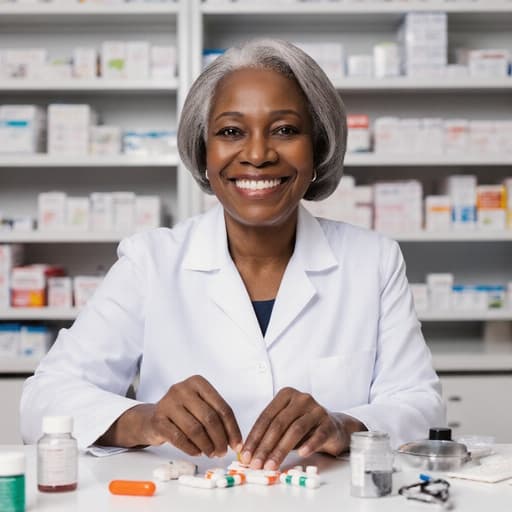 60대 아프리카계 여성의 반신 샷으로, 약사복을 입고 밝은 미소를 지으며 정돈된 조제실에서 약품을 조제하고 있습니다.