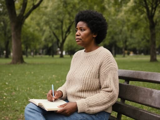 40대 아프리카계 여성이 편안한 니트 스웨터와 청바지를 입고 평화로운 공원에 앉아 있는 반신 샷입니다. 그녀는 걱정스러운 표정으로 먼 곳을 바라보며 무릎 위에 노트를 두고 손으로 페이지를 넘기고 있어, 자연 속에서 반성의 순간을 포착하고 있습니다.