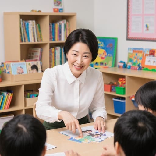 60대 한국인 여성의 반신 사진. 그녀는 자연스러운 외모를 가지고 있으며, 깔끔한 블라우스와 편안한 스커트를 입고 있습니다. 테이블에 앉아 학생들을 바라보며 고급스러운 미소를 짓고 있고, 손으로 교재를 가리키며 소통하고 있습니다. 배경은 밝고 아늑한 유아 학습실로, 책과 장난감으로 꾸며져 있어 학습을 위한 매력적인 분위기를 자아냅니다.
