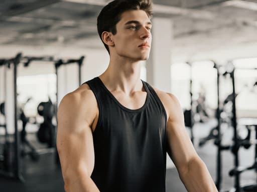 10대 초반의 유럽계 남성이 편안한 운동복을 착용하고 밝은 실내 운동장에서 반신 촬영된 모습입니다. 그는 가벼운 스트레칭 자세로 서 있으며, 활기찬 피트니스 환경 속에서 평온함과 내면의 안정감을 발산하고 있습니다.