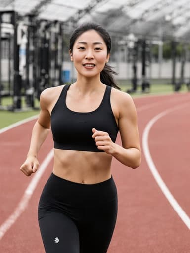 자신감 넘치는 30대 아시아계 여성의 전신샷으로, 스타일리시한 스포츠 브라와 레깅스를 착용하고 훈련 트랙에서 역동적으로 달리고 있는 모습입니다. 배경은 스포츠 시설의 트랙을 강조하여 그녀의 강인하고 긍정적인 에너지를 부각시키고 있습니다.