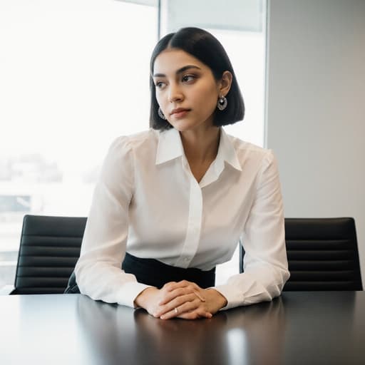 자신감 있는 10대 초반의 라틴계 소녀가 세련된 블라우스와 슬랙스를 입고 현대적인 회의 테이블에 앉아 있으며 손을 테이블에 얹고 차분하게 앞을 바라보고 있습니다. 심플한 귀걸이가 그녀의 스타일을 강조하며, 현대적인 디자인의 회의실은 큰 창문을 통해 들어오는 자연광으로 환하게 빛나고 있어 초대하는 듯한 분위기를 자아냅니다.