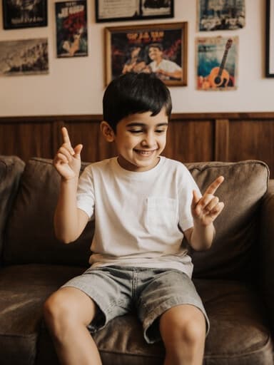 7세의 중동계 남성이 귀여운 외모를 지닌 채 아늑한 카페의 소파에 앉아 캐주얼한 티셔츠와 반바지를 입고 음악을 들으며 손으로 리듬을 타고 있는 모습의 반신 촬영. 그의 즐겁고 활기찬 표정이 음악 관련 포스터로 장식된 벽으로 둘러싸인 분위기에서 강조됩니다.