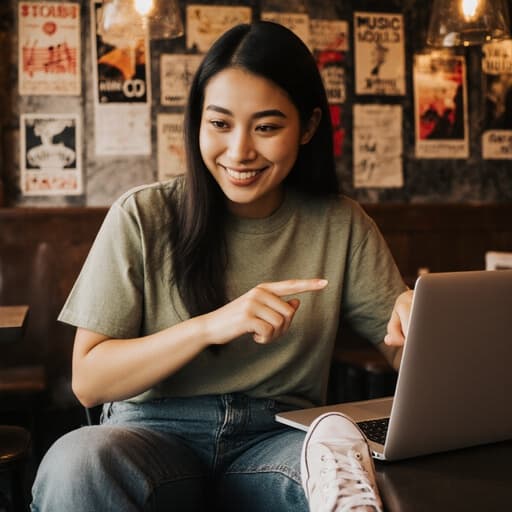 아늑한 카페에서 캐주얼하게 옷을 입고, 노트북과 상호작용하며 음악 이론 노트를 정리하는 젊은 라틴계 여성의 모습. 자연스러운 미소를 지으며 음악에 대한 열정을 표현하고 있습니다.