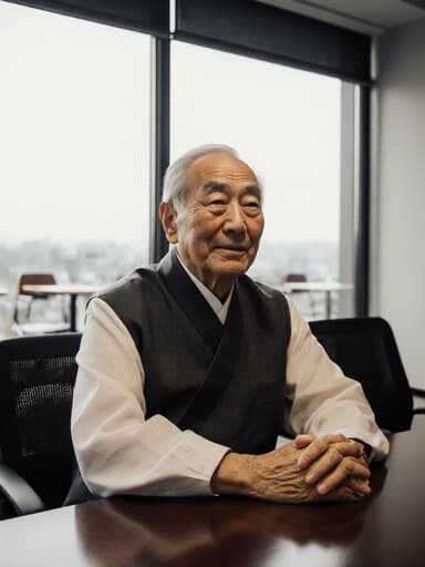 전통 한국 의상을 입은 70대 동양인 남성이 회의실 테이블에 앉아 손을 올리고, 밖의 조용한 카페를 바라보며 만족스러운 표정을 지으며 여유로운 감정을 느끼고 있는 모습의 반신 초상입니다.