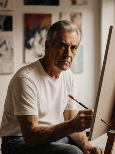 50대 혼혈 남성이 편안한 티셔츠와 청바지를 입고, 부드럽게 조명이 비추는 창작 공간에서 화폭 앞에 앉아 브러시를 들고 집중하는 모습의 반신 사진. 벽에는 다양한 작품들이 걸려 있어 영감을 주는 분위기를 자아내며, 진지하고 사색적인 감정을 담고 있다.