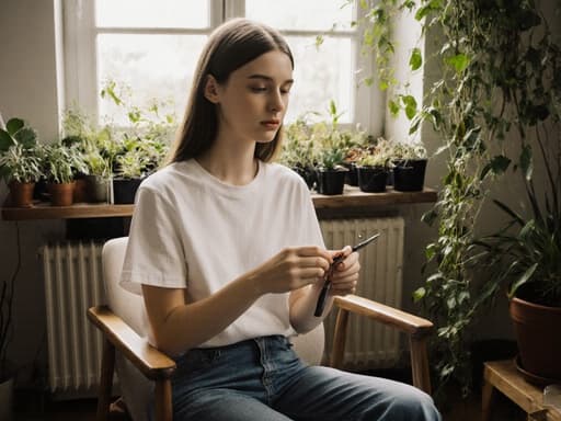 10대 후반의 유럽계 여성이 아늑하고 밝은 거실에 앉아 다양한 실내 식물들 사이에서 식물 번식을 위한 도구를 손에 쥐고 집중하고 있는 모습입니다. 그녀는 간편한 티셔츠와 청바지를 입고 있으며, 자연광이 방 안을 부드럽게 비추어 주며 편안한 분위기를 만들어냅니다. 이 장면은 집에서 식물을 기르는 즐거움과 양육의 본질을 잘 담고 있습니다.