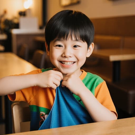 아늑한 카페에서 테이블에 앉아 있는 7세 한국인 남성의 반신 사진입니다. 그는 밝은 색상의 티셔츠와 반바지를 입고 귀엽게 웃으며 손으로 옷을 만지고 있습니다. 카페의 따뜻한 분위기가 장면의 즐거운 기분을 더해줍니다.