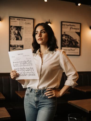 30대의 라틴계 여성이 아늑한 카페에서 서 있는 전신 샷입니다. 그녀는 캐주얼한 블라우스와 청바지, 편안한 스니커즈를 착용하고 있으며, 한 손에는 악보를 들고 다른 손은 엉덩이에 얹고 있습니다. 차분한 표정으로 음악 이론에 대해 깊이 생각하고 있으며, 따뜻한 조명 아래 음악 관련 포스터가 걸려 있는 배경이 아늑한 분위기를 더해줍니다.