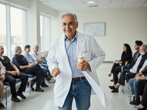 60대 중동계 남성이 흰색 의사 가운과 청바지를 입고 긍정적인 미소를 지으며 처방전을 들고 있는 반신 사진입니다. 그는 병원 대기실에서 환자들이 앉아 있는 모습 속에서 빠르게 이동하는 자세를 취하고 있으며, 의료 환경에서의 긴급함과 배려를 전달하고 있습니다.