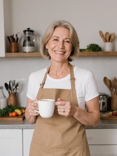40대 유럽계 여성이 편안한 주방용 의상과 앞치마를 착용하고, 부드러운 미소를 지으며 커피 컵을 들고 있는 모습의 반신 사진으로, 다양한 주방 용품과 신선한 식재료가 놓인 깔끔하게 정돈된 주방 배경이 있습니다.