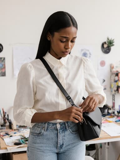자연스러운 외모를 가진 10대 후반의 흑인 여성이 모던한 디자인의 블라우스와 편안한 청바지를 입고, 한쪽 어깨에 메고 있는 가방을 수정하는 모습의 반신 촬영입니다. 걱정스러운 표정을 지으며 깔끔한 디자인 스튜디오에서 작업 중인 디자이너의 본질을 보여줍니다.