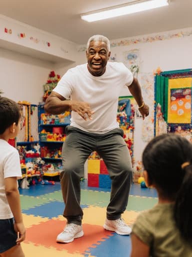 50대 혼혈 남성이 캐주얼한 복장을 하고 있는 모습으로, 다채로운 놀이 공간에서 아이들과 함께 즐겁게 활동하며 춤추는 자세를 취하고 긴장한 표정을 짓고 있습니다.