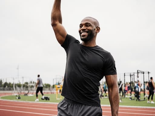 40대 흑인 남성이 건강한 체격으로 세련된 운동복을 입고 활기찬 트랙에서 스트레칭을 하고 있습니다. 그의 표정은 고급스러운 미소를 지으며 집중한 모습이며, 주변에는 운동하는 사람들과 운동기구가 가득한 생동감 넘치는 배경이 있습니다.