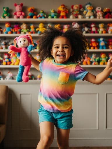 밝고 사랑스러운 외모를 가진 7세 혼혈 여아가 화사한 티셔츠와 반바지를 입고 장난감 인형을 들고 점프하며 약간 배고픈 표정을 지은 전신 사진. 다양한 장난감이 진열된 아늑한 카페 배경이 장면의 초대하고 즐거운 분위기를 한층 더해준다.