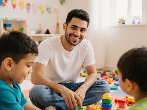 20대 라틴계 남성이 캐주얼한 티셔츠와 청바지를 입고 밝은 놀이방 바닥에 앉아 있습니다. 그는 다양한 장난감이 가득한 방에서 아이들과 함께 놀면서 자연스러운 미소를 지으며 따뜻하고 초대하는 분위기를 만들어내고 있습니다.