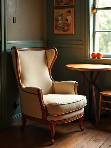 라운지 체어, 가구, 나무 질감의 빈티지 카페 테이블, 따뜻하고 아늑한 분위기