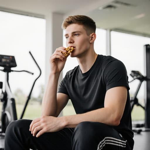 10대 후반의 백인 남성이 자연스러운 외모로 스포츠 티셔츠와 트레이닝 바지를 착용하고, 편안한 표정을 지으며 헬스 스튜디오에서 건강한 스낵을 먹고 있는 반신 사진. 현대적이고 깨끗한 피트니스 스튜디오의 내부가 배경으로, 활기차고 에너지가 넘치는 분위기가 그가 건강한 라이프스타일을 추구하고 있음을 강조합니다.
