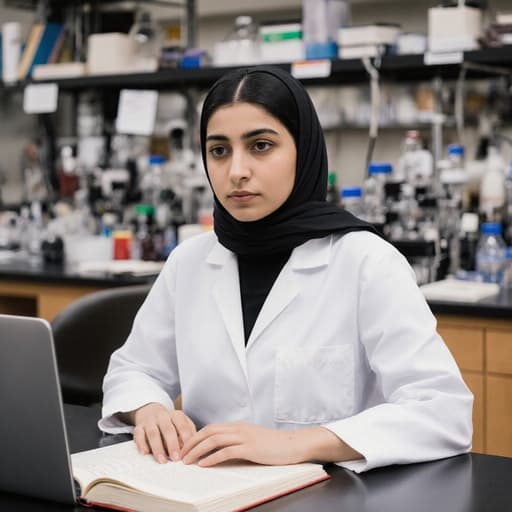 중동계 10대 후반의 소녀가 흰색 실험복을 입고 책이나 노트북 위에 손을 올리며 집중한 표정을 짓고 있는 모습의 반신 사진. 전문적인 연구실에서 다양한 실험 장비와 책들이 배치되어 있다.