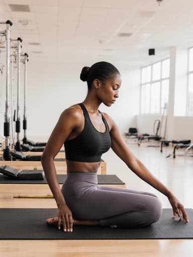 편안한 운동복과 필라테스 팬츠를 입은 30대 아프리카계 여성의 평온한 표정이 담긴 반신 촬영 모습. 그녀는 필라테스 매트 위에서 스트레칭 자세를 취하고 있으며, 배경에는 밝고 넓은 운동 공간과 다양한 필라테스 장비가 있어 피트니스와 웰빙의 완벽한 분위기를 만들어냅니다.