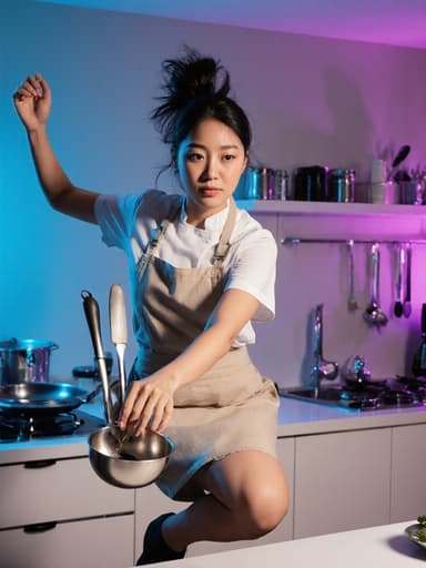 간편한 요리복과 앞치마를 착용한 10대 후반의 아시아계 여성의 전신 사진. 주방 도구를 사용하며 점프하는 모습이 담겨 있으며, 깔끔하고 현대적인 주방 배경 속에서 요리에 집중하는 무표정이 인상적이다.