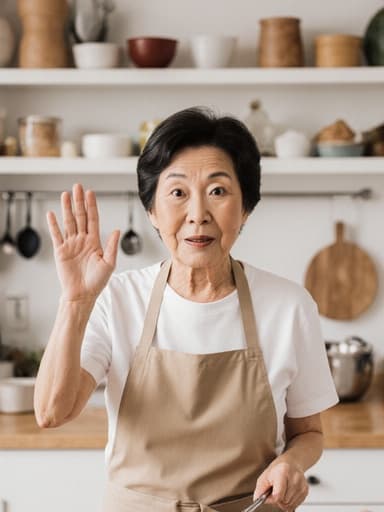60대 아시아계 여성이 간편한 주방 앞치마와 편안한 티셔츠를 입고, 한 손으로 주방 도구를 들고 놀란 듯 인사하는 모습의 반신 사진입니다. 자연스러운 외모를 지닌 그녀는 배경으로 깨끗하고 정돈된 조리실을 두고 있으며, 다양한 조리 도구와 재료들이 배치되어 있어 요리에 대한 주제를 강조하는 따뜻하고 매력적인 분위기를 만들어냅니다.