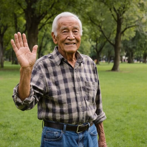 이 이미지는 80대 혼혈 남성이 편안한 청바지와 체크무늬 셔츠를 입고 푸르른 공원에서 서 있는 모습입니다. 그는 피곤하지만 친근한 표정을 지으며 약간 미소를 띤 채 한 손을 들어 인사하고 있습니다. 장면은 밝고 초대하는 느낌으로, 평화로운 야외 순간의 본질을 포착하고 있습니다.