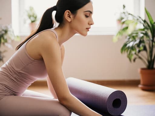 부드러운 색상의 요가복을 입은 중동계 젊은 여성이 요가 매트를 들고 우아하게 미소 짓고 있는 모습이 아늑한 요가 스튜디오에서 촬영되었으며, 식물과 부드러운 조명이 어우러져 차분하고 여유로운 분위기를 자아냅니다.