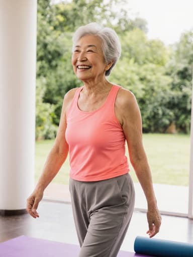 60대 아시아계 여성이 밝은 색상의 요가복을 입고 요가 매트를 향해 걷고 있는 모습을 반신 촬영한 이미지입니다. 배경은 식물과 부드러운 조명이 어우러진 평화로운 명상 공간으로, 전체적인 차분하면서도 활기찬 분위기를 강조합니다.