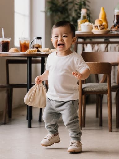 편안한 티셔츠와 바지를 입고 약간 찡그린 표정의 귀여운 1세 아시아계 남자 아기가 가방을 잡고 춤추듯이 놀고 있는 모습의 전체 몸샷. 다양한 음료와 간식이 있는 아기용 의자가 있는 아늑한 카페 내부에서 촬영되었습니다.