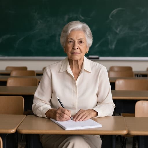 60대 혼혈 여성의 반신 사진으로, 교실에서 강의 내용을 메모하고 있는 모습입니다. 편안한 블라우스와 슬랙스를 입고 있으며, 강의에 집중하는 무표정의 모습입니다. 배경은 칠판과 책상이 배치된 교육적인 분위기를 만들어냅니다.