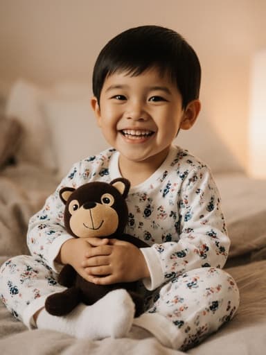 3세 남자 아동이 편안한 파자마와 양말을 착용하고 장난감 인형을 안고 귀여운 웃음을 지으며 행복해 보이는 모습의 풀바디 샷, 부드러운 조명이 비추는 아늑한 침실에서 촬영되어 따뜻하고 매력적인 분위기를 자아냅니다.