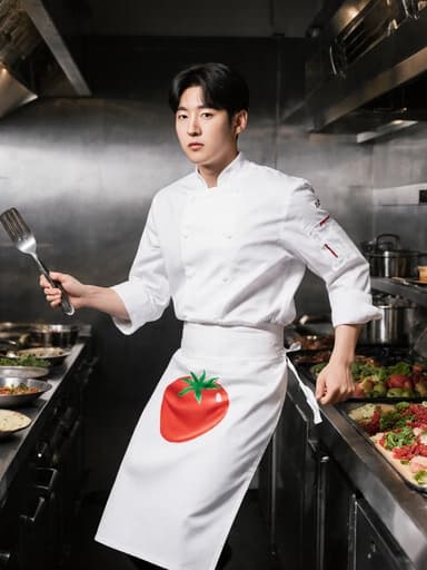 10대 초반의 한국인 남성 셰프가 전체 신체 샷으로 포착되었습니다. 그는 셰프 유니폼과 유머러스한 흰색 토마토 모양의 앞치마를 입고 있습니다. 그는 요리 도구를 들고 점프하고 있으며, 진지하면서도 집중된 표정을 짓고 있습니다. 배경의 현대적인 식당 주방은 다양한 재료와 조리기구로 가득 차 있어 활기차고 매력적인 분위기를 형성하고 있습니다.